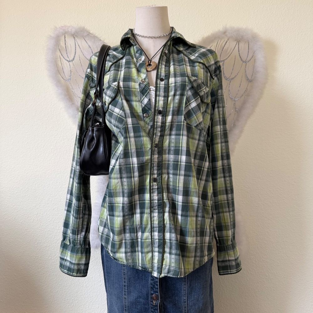 2000s Plaid Western Long Sleeve Snap Button Up‎ Shirt Green Cottagecore Prarie
